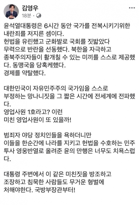 [기자수첩] 김영우 전 의원 "헌법 위에 군화발, 민주주의의 이름을 짓밟다"