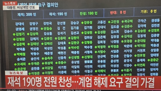 [속보]계엄해제 요구안 가결…의원 190명 만장일치